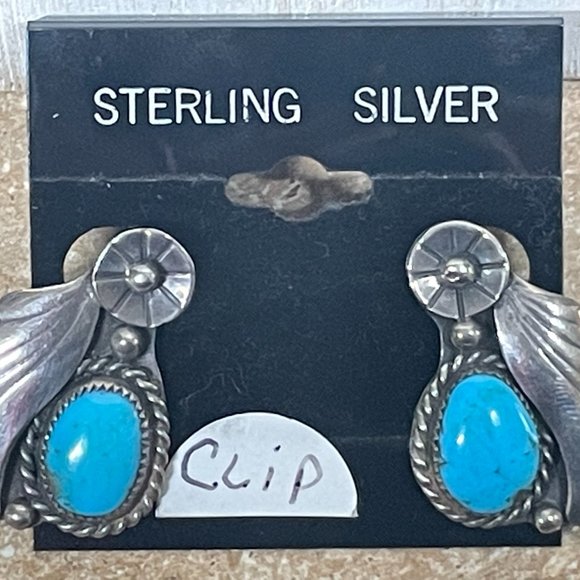 NAVAJO HANDMADE Turquoise Sterling Silver Foliate Feather Flower Clip EARRINGS - Picture 5 of 7